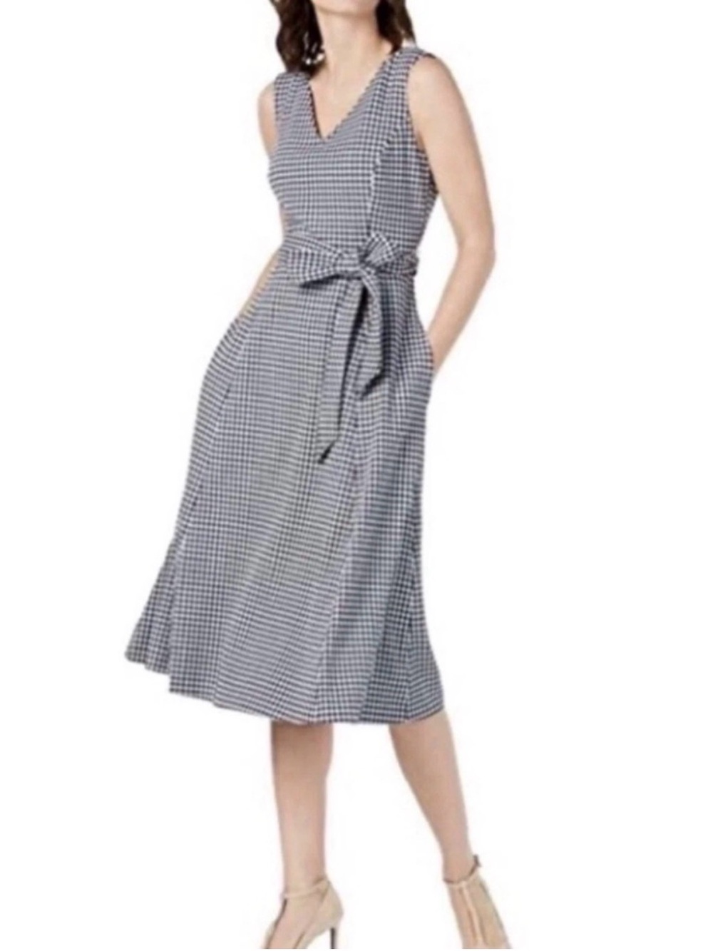 CALVIN KLEIN Preppy Gingham Sleeveless Belted Fit & Flare Midi Dress Size 2